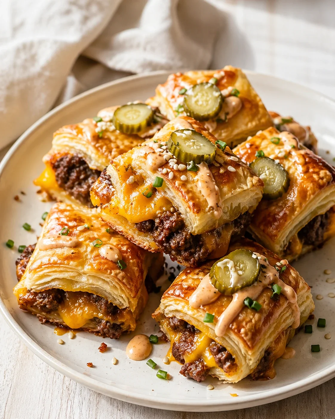 plate of golden puff pastry bites filled with beef and cheddar, topped with pickle slices and sauce.