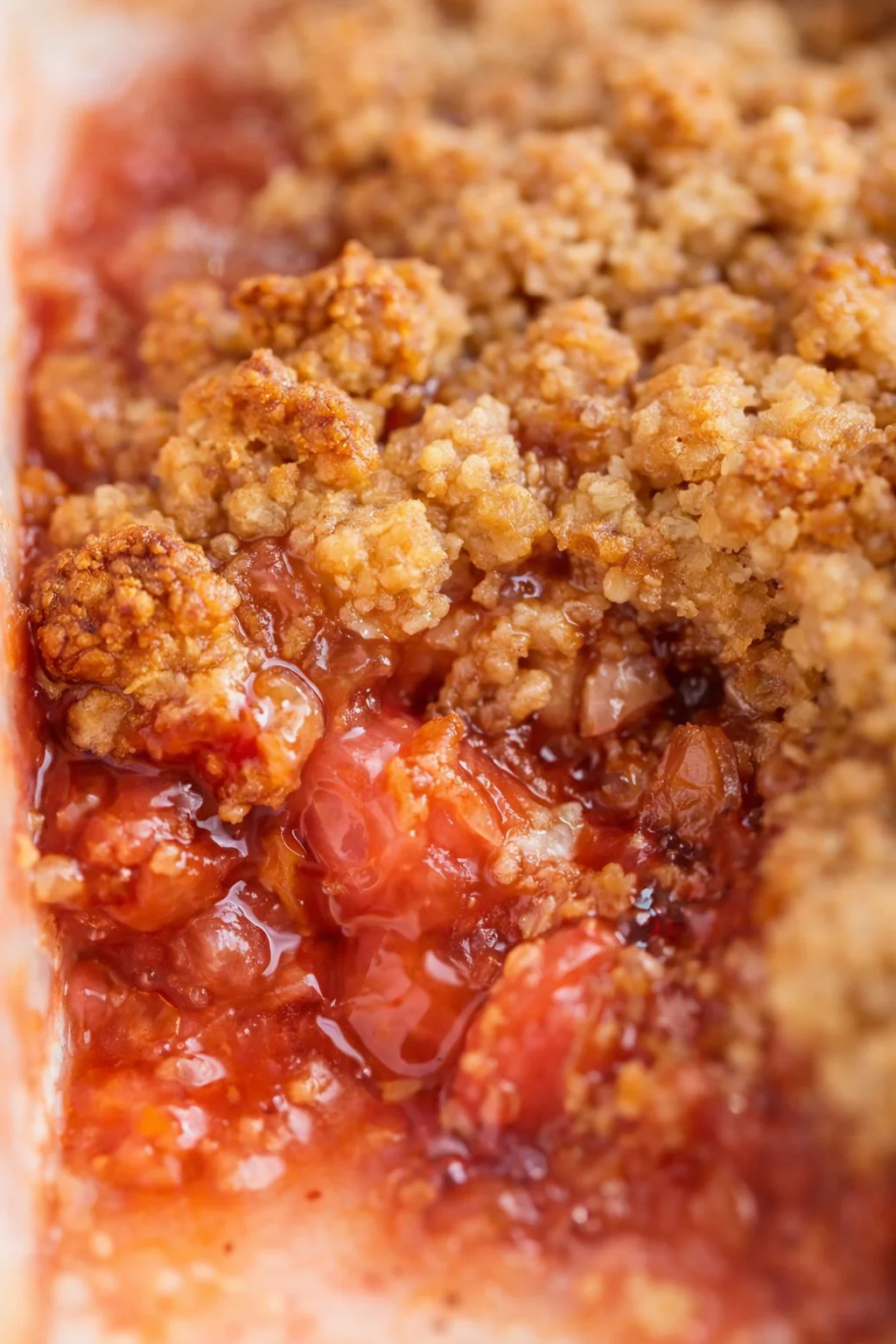 Close-up of a golden-brown crumble topping over bubbling red fruit filling