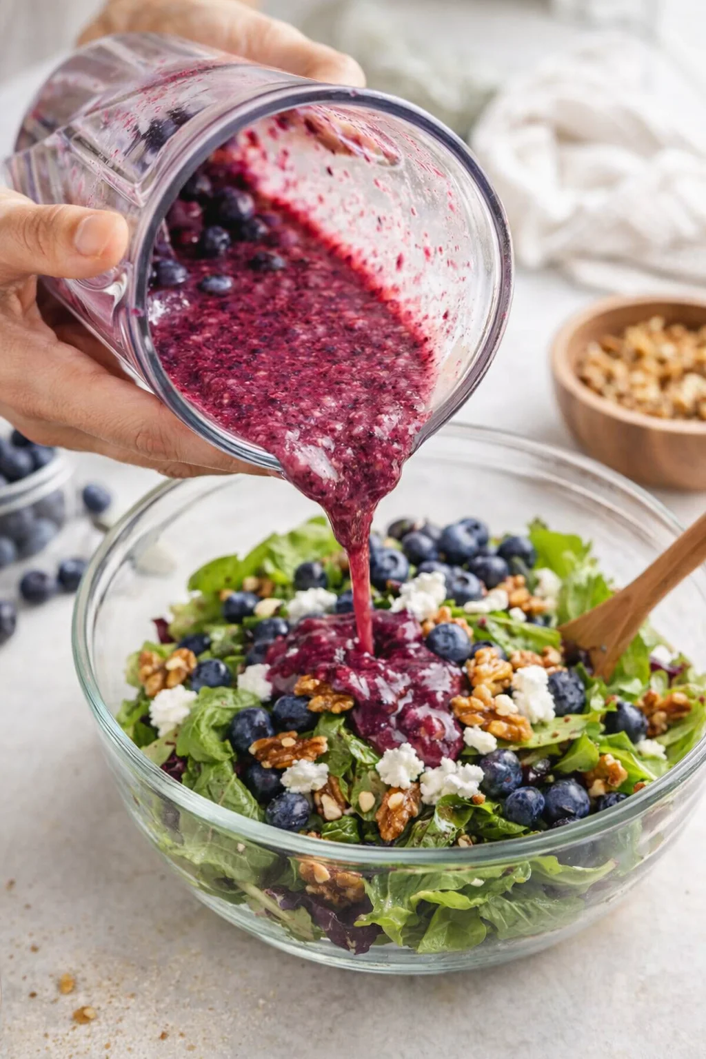 Hands pouring purple berry dressing over a green salad with blueberries and feta.