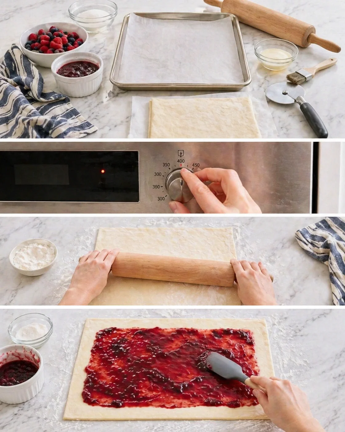 A marble kitchen counter with berries, jam, dough, rolling pin, and a baking sheet for pastry.