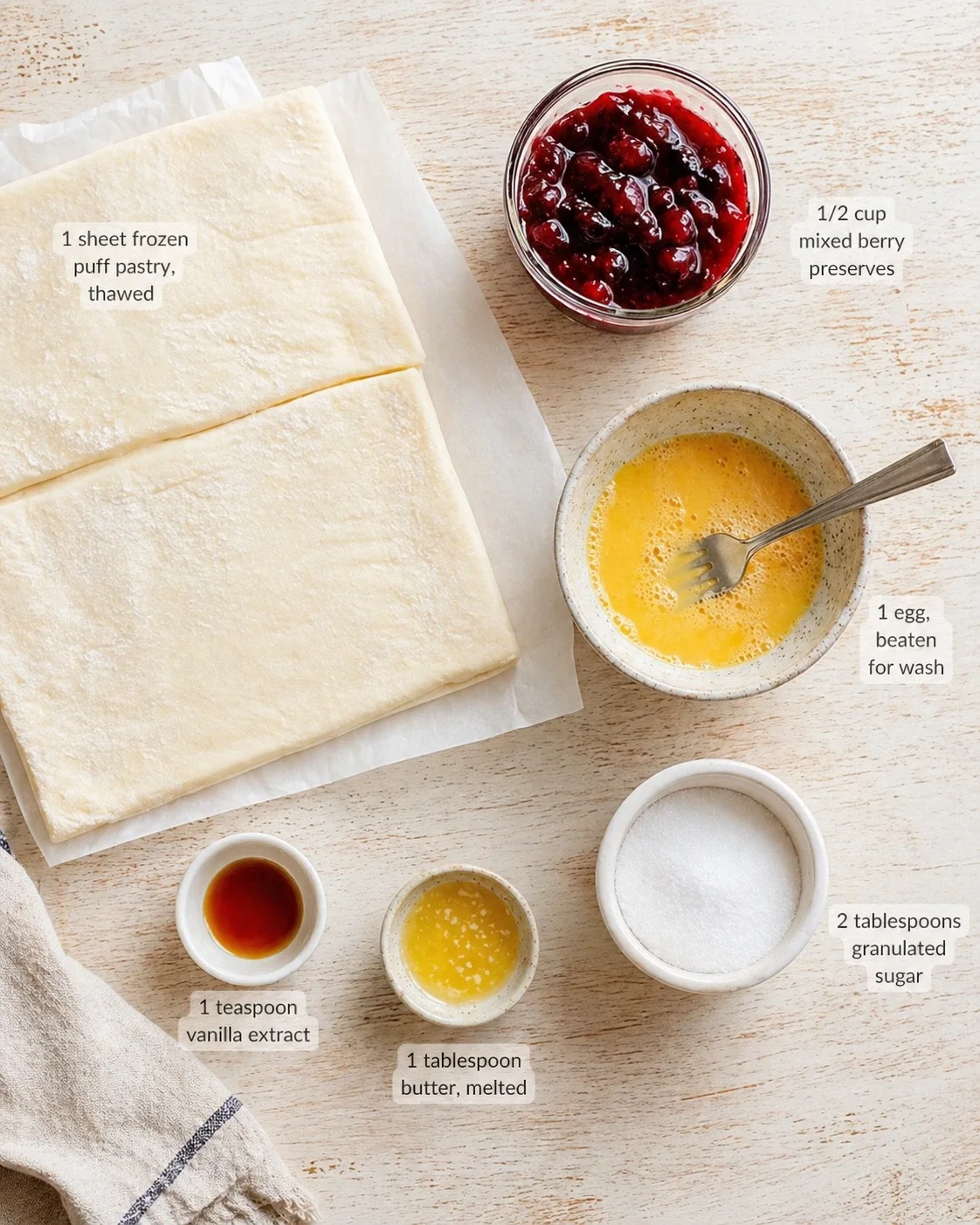 Flat lay of thawed puff pastry with berry preserves and bowls of egg wash, vanilla, sugar, and butter.