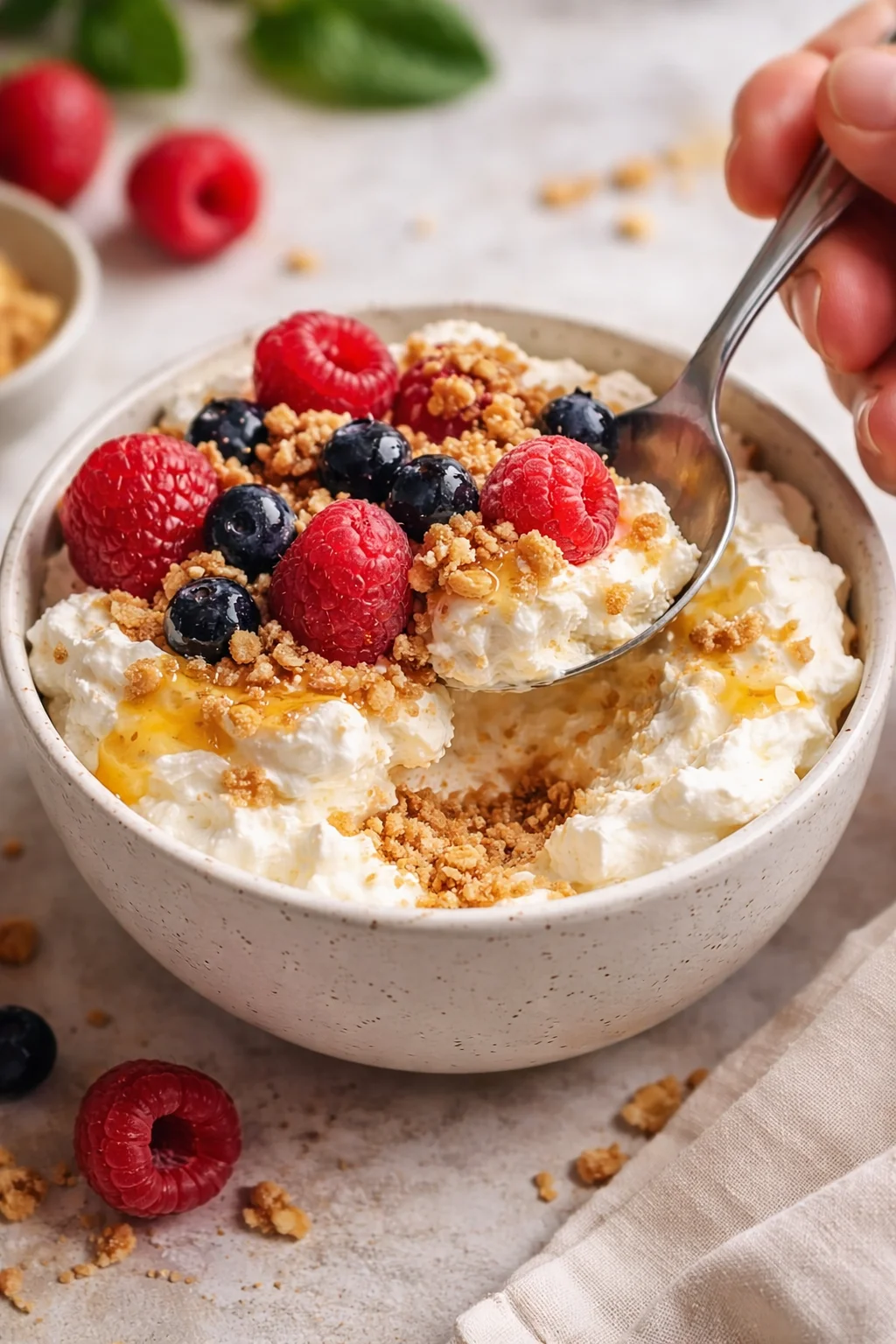 Creamy yogurt bowl topped with raspberries, blueberries, granola, and honey