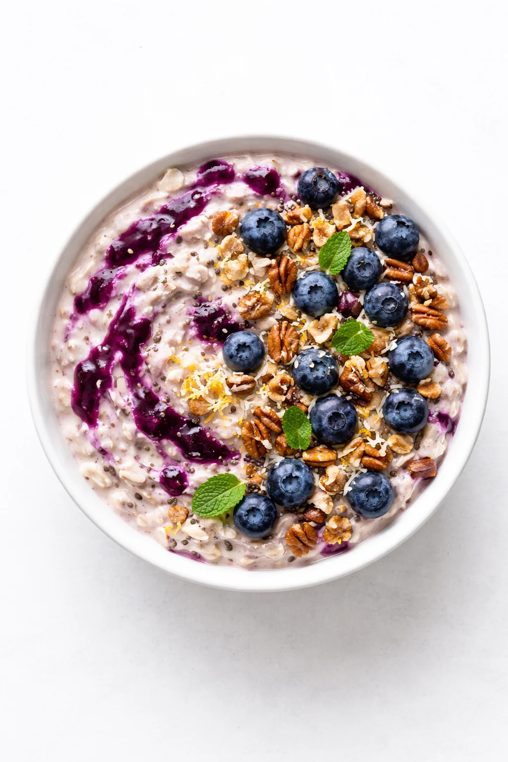 Creamy oatmeal topped with blueberries, pecans, coconut, and mint on a white bowl.