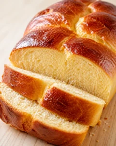 Golden braided challah loaf with sliced pieces on a wooden cutting board.