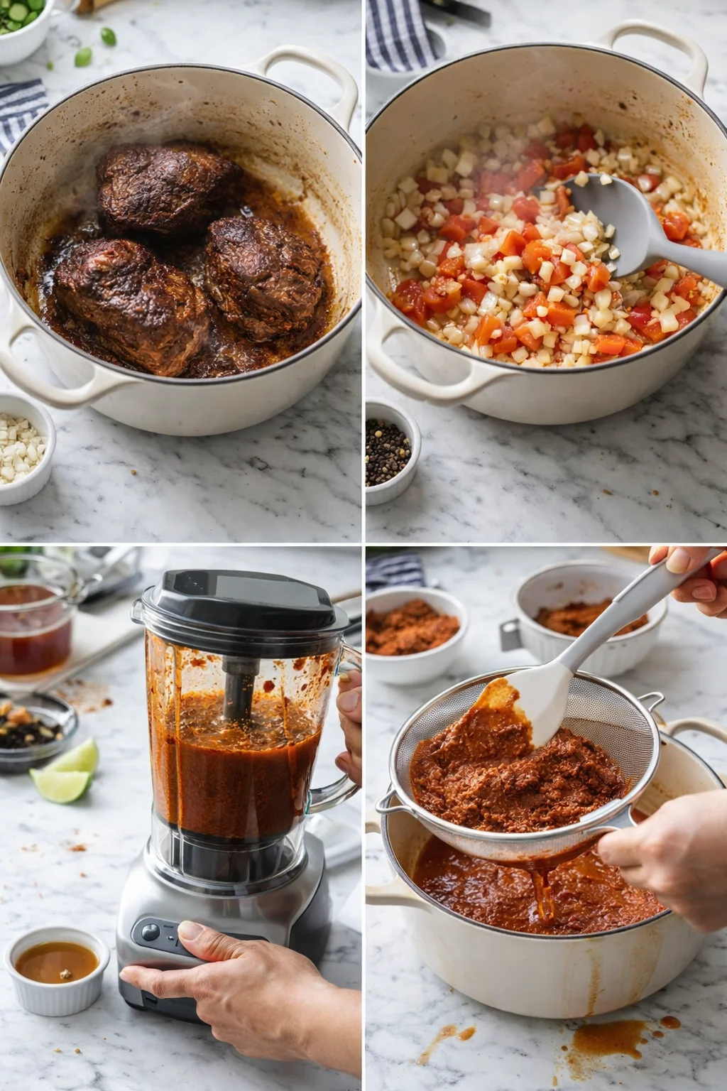 four-panel kitchen collage showing braised beef, chopped aromatics, blended sauce, and strained red sauce