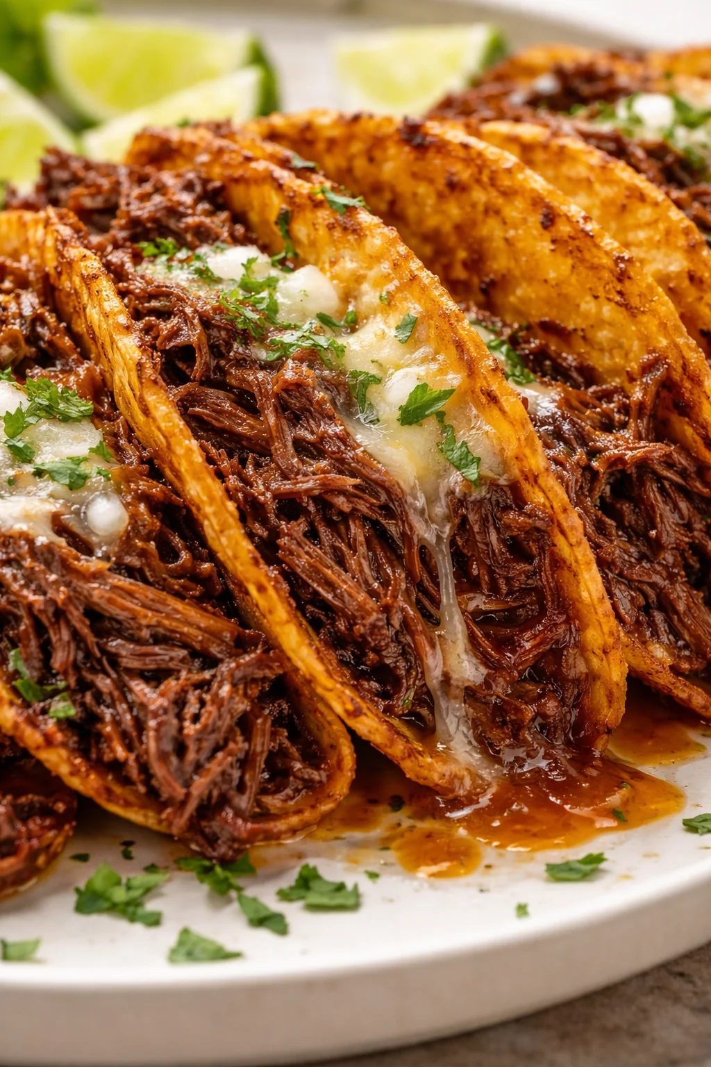 close-up of crispy taco shells filled with braised shredded beef, melted cheese, and chopped cilantro