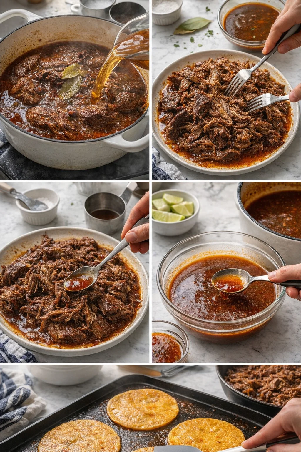 Collage of braised shredded beef in red sauce with bowls, forks, and tortillas.