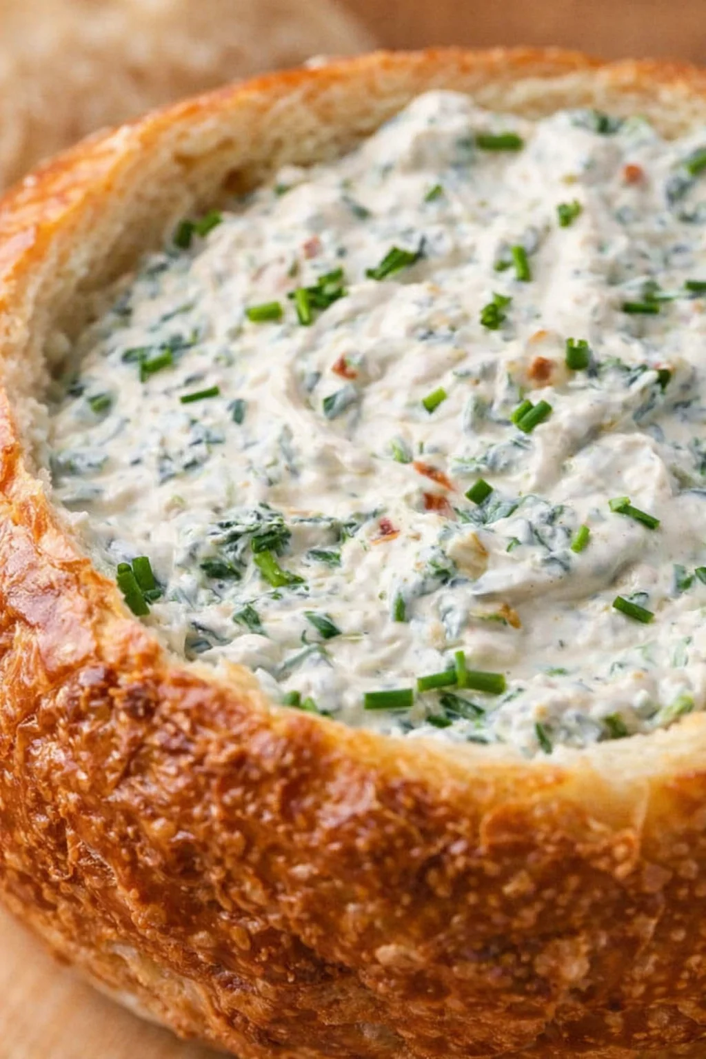 Close-up of a golden bread bowl filled with creamy spinach artichoke dip topped with chopped chives.