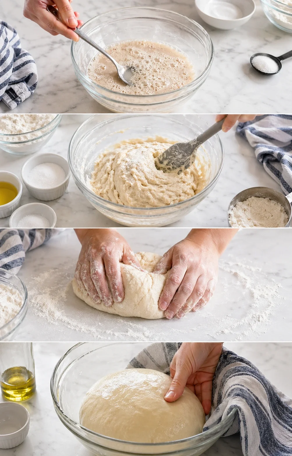 Overhead collage showing bread dough-making steps: foamy yeast mixture, mixing bowls, and kneading hands.