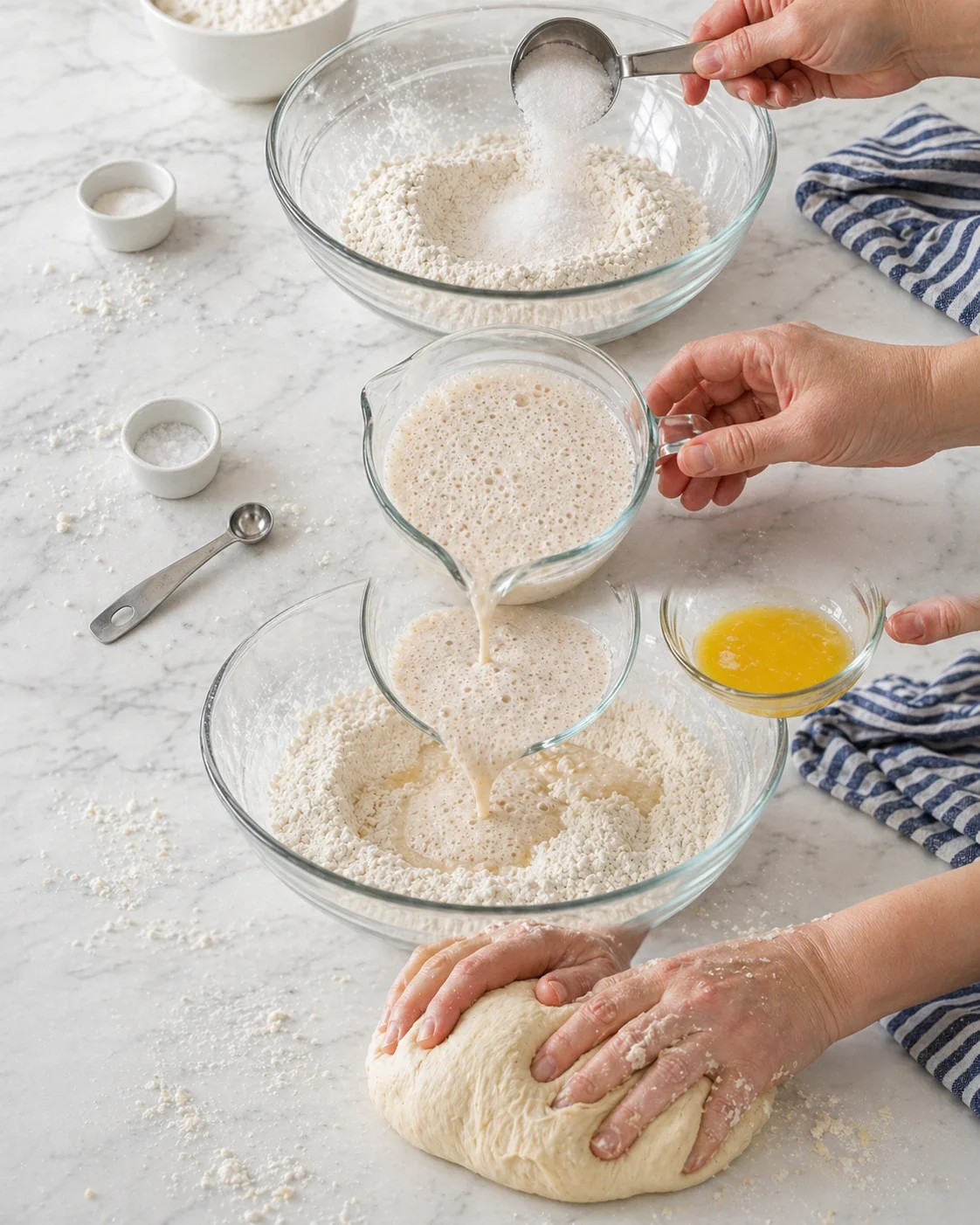 Hands measure sugar into flour and pour liquid into a bowl while kneading dough on a marble counter.