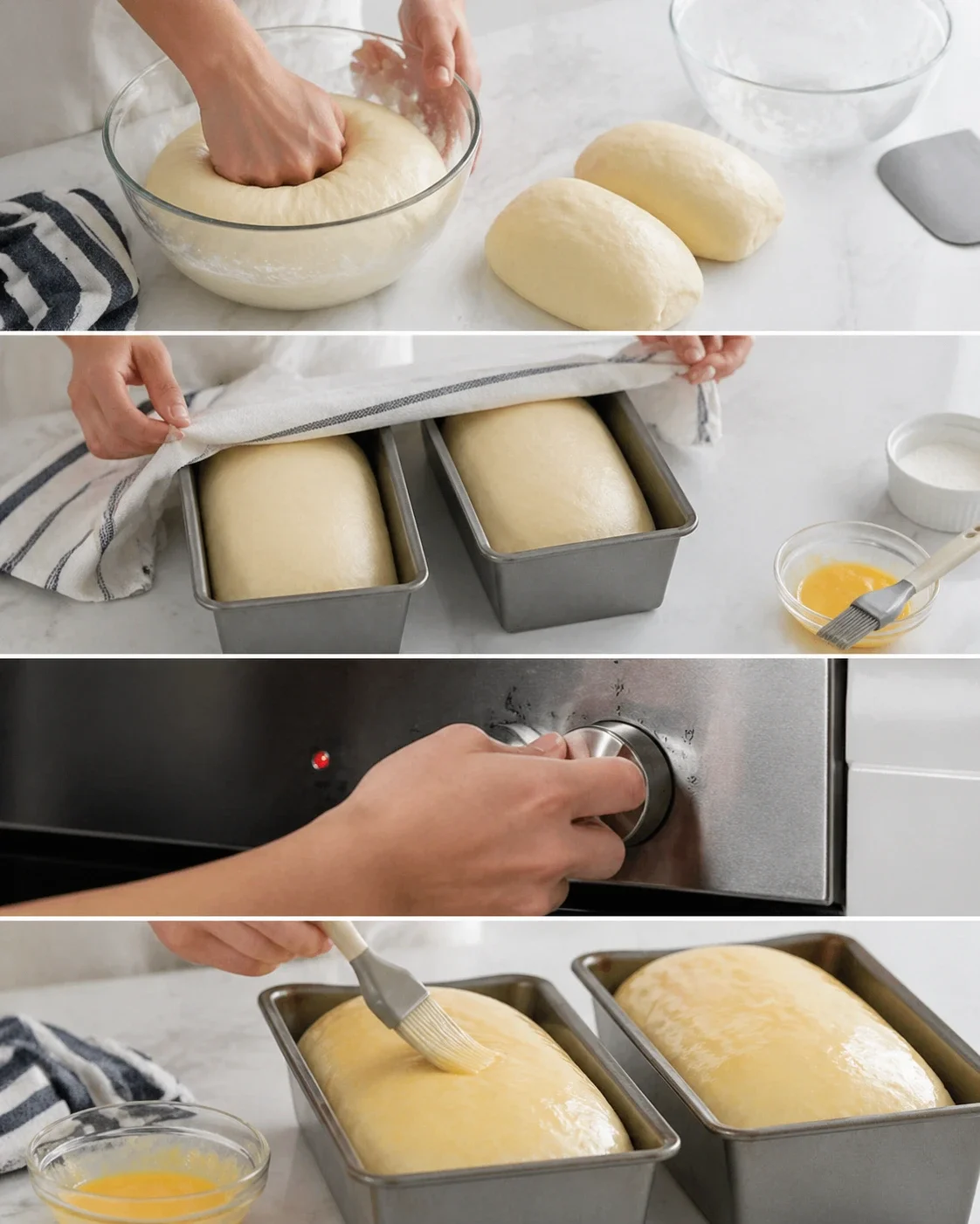 collage of bread-making steps: kneading dough, placing in pans, applying egg wash, and baking.