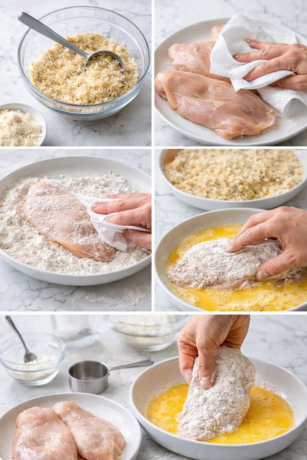 Collage showing chicken breasts through flour, egg, and breadcrumb coating steps.