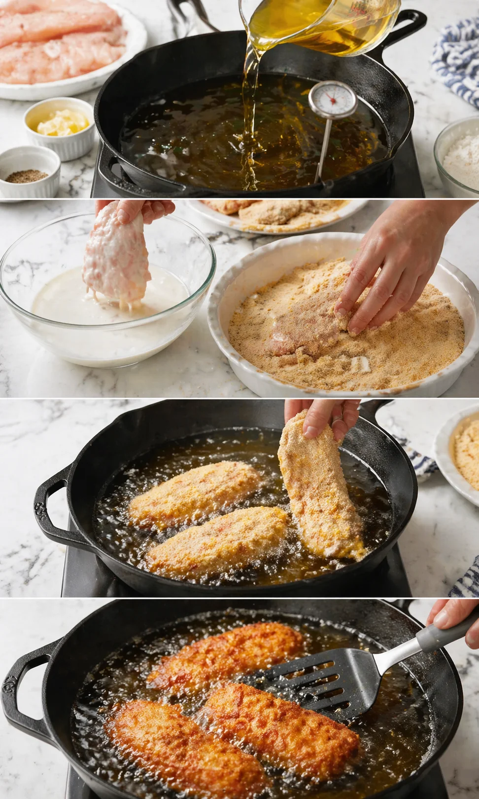 collage showing chicken being breaded and fried in oil in a cast-iron skillet