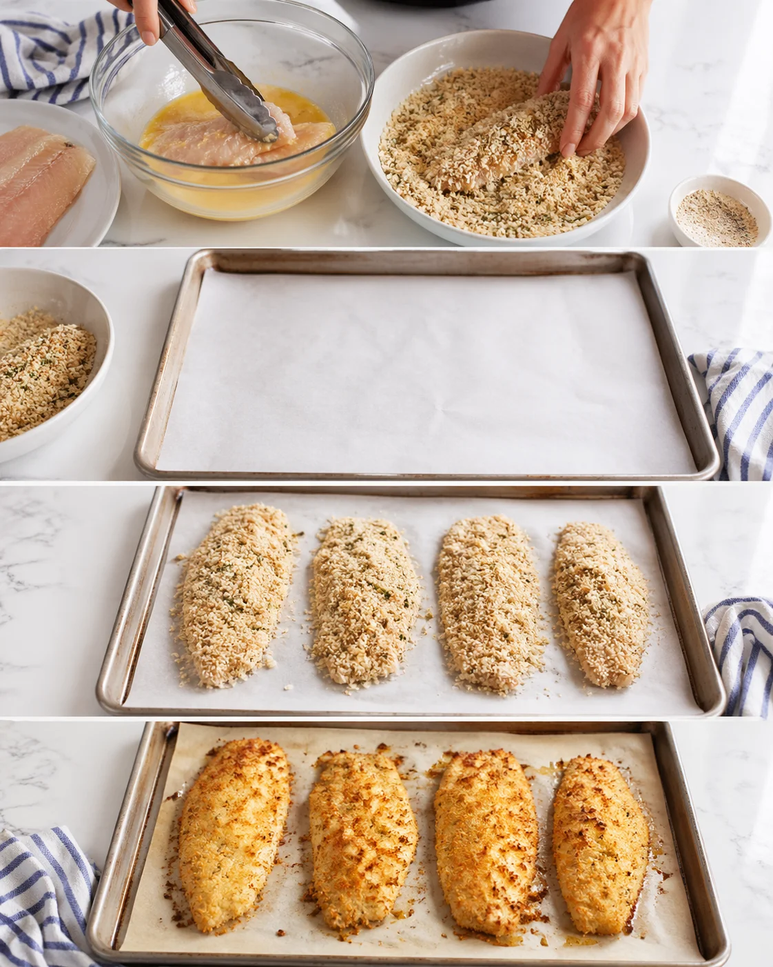 Overhead collage showing raw chicken, egg wash, crumb coating, and parchment-lined baking sheets