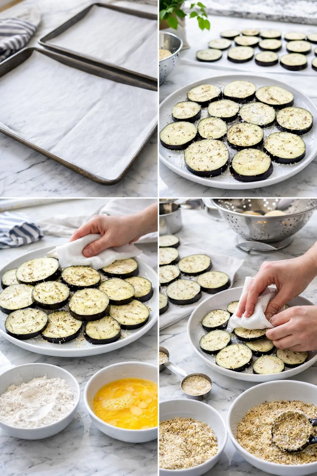 Collage of eggplant slices breading prep on marble counter with bowls of flour, eggs, and breadcrumbs.