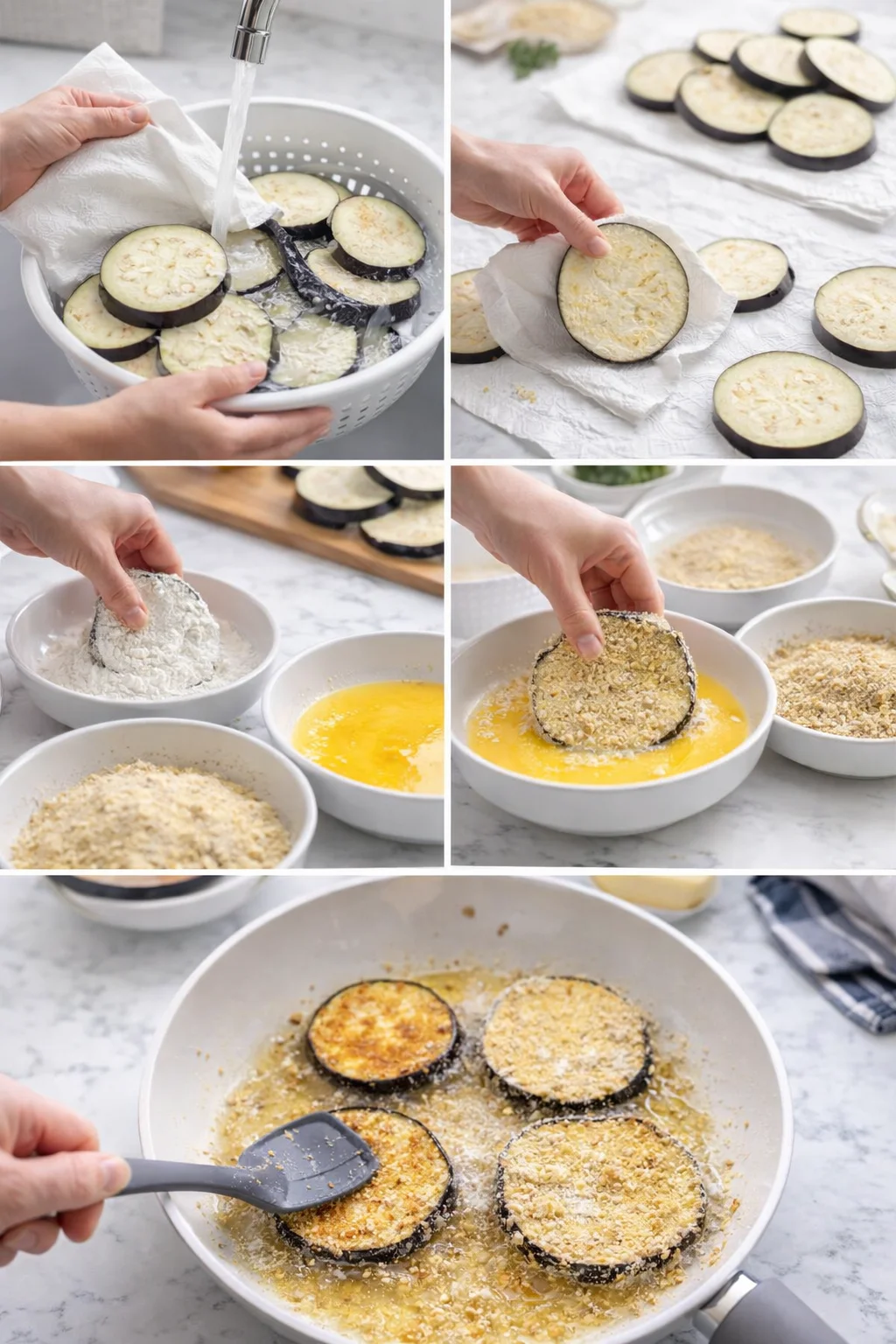 step-by-step collage showing eggplant slices breaded and fried