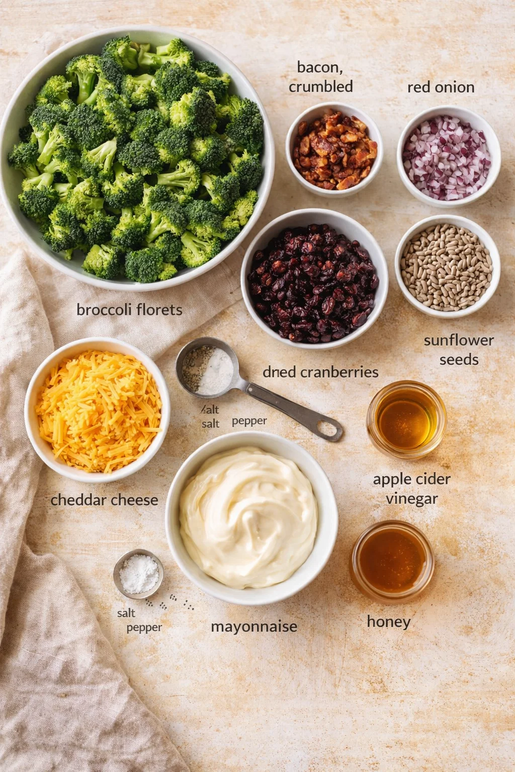 Overhead view of broccoli florets and bowls of cheddar, cranberries, onion, seeds, bacon, mayo, honey, and vinegars.