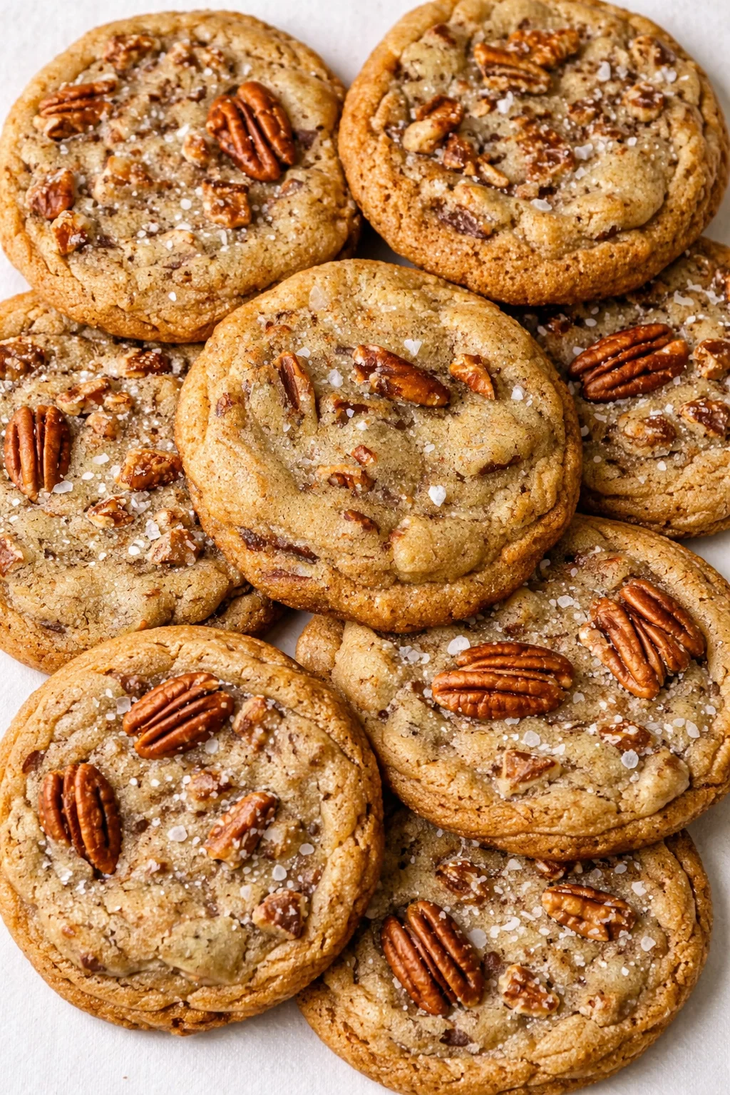 Pile of pecan cookies topped with coarse sea salt on a light surface