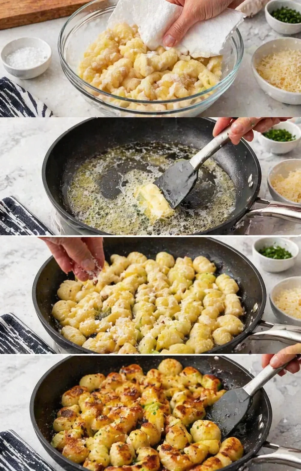 A four-panel collage showing gnocchi preparation, butter-browning, and browned gnocchi in a skillet.