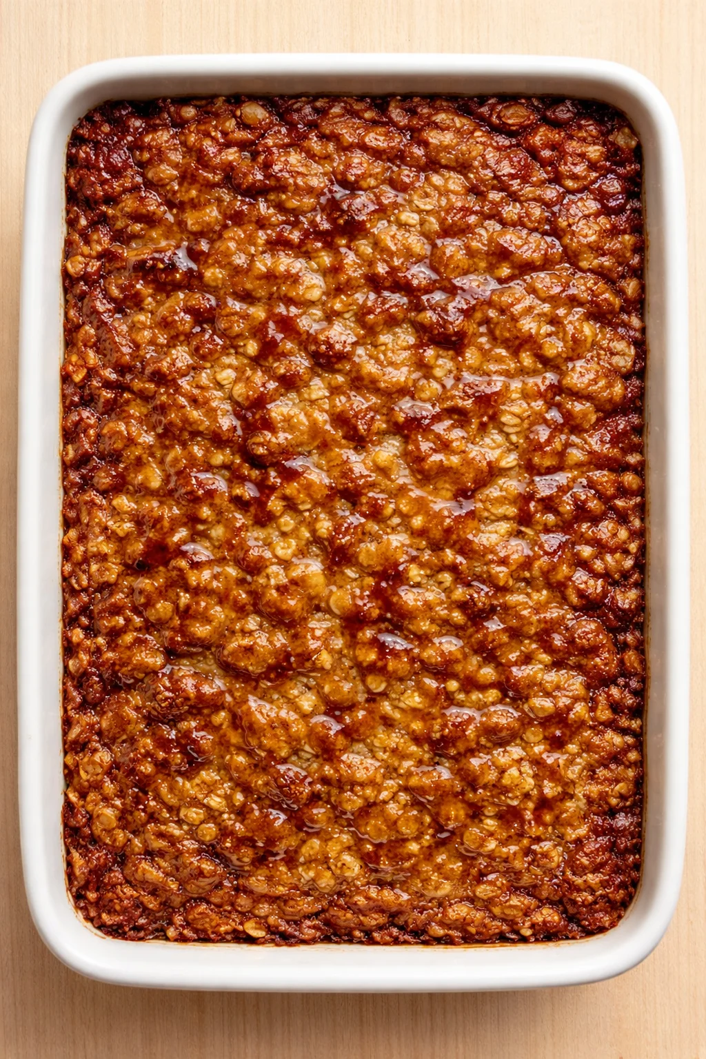 top-down view of a caramel-brown crumble topping in a white rectangular baking dish