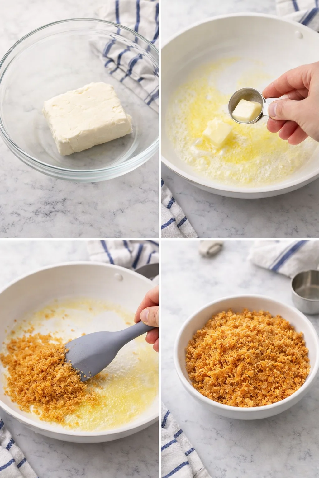 Four-panel collage showing butter in a bowl, melting in a pan, and breadcrumb topping being prepared.