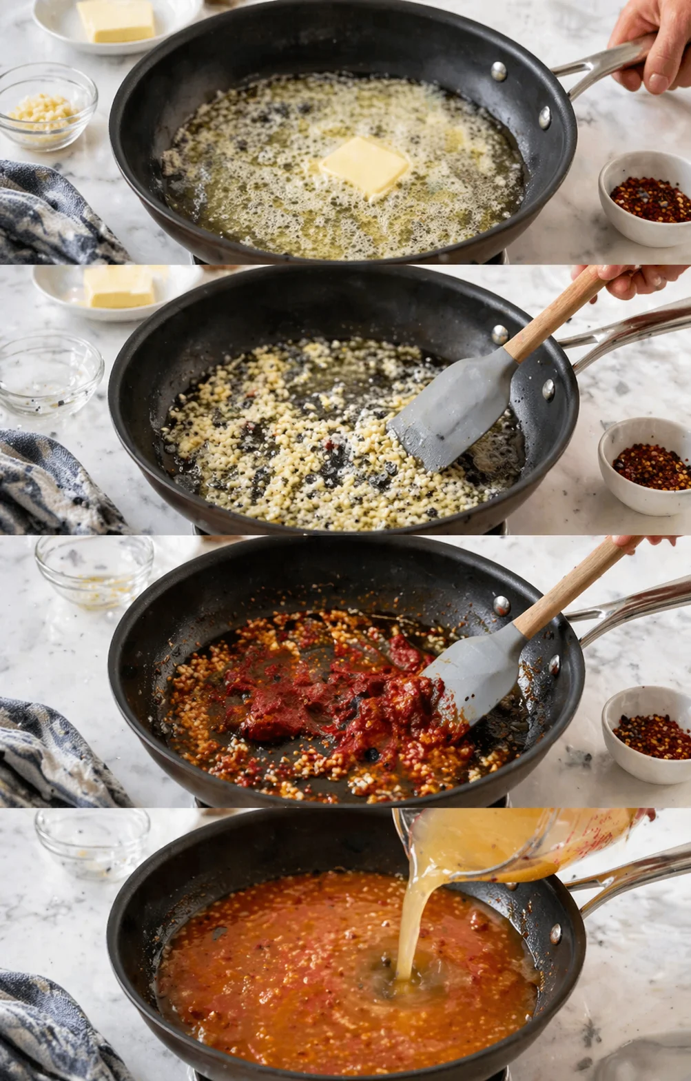 Four-panel skillet sequence: melting butter, toasting aromatics, adding chili and parmesan, finishing with sauce.