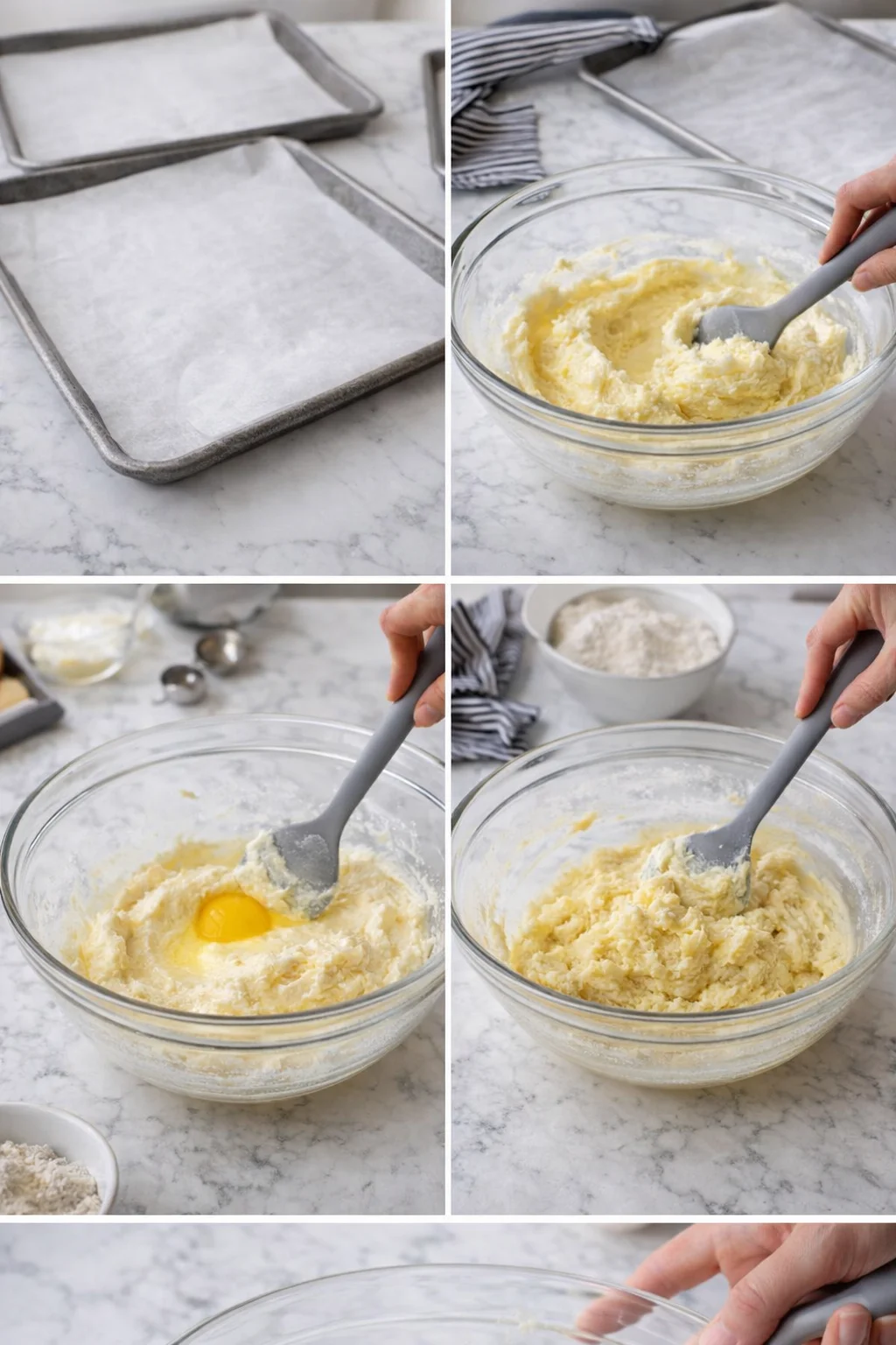 collage showing parchment-lined trays, creamed butter-sugar, adding an egg, and mixing batter in a glass bowl