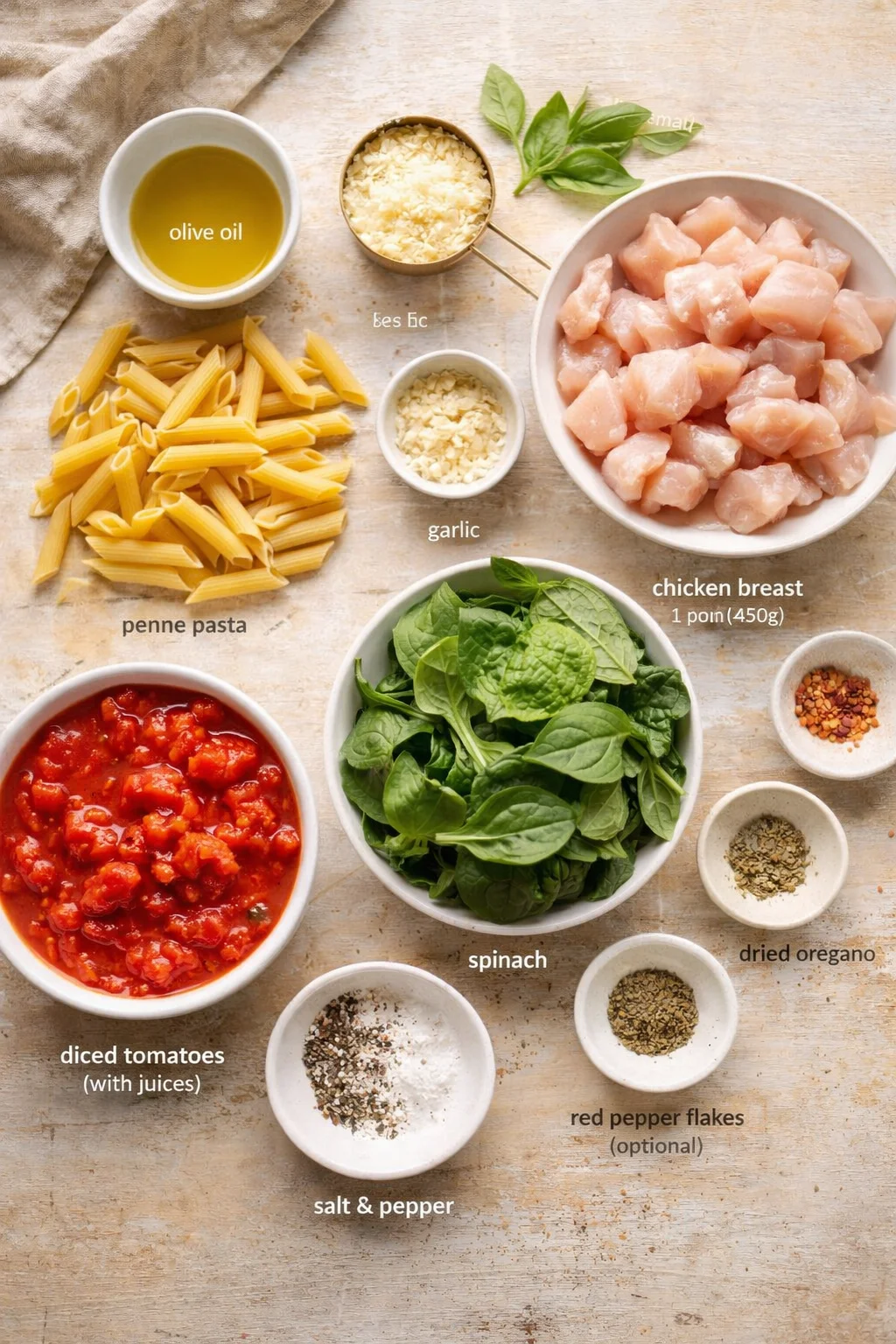 Measured ingredients arranged for Tomato Spinach Chicken Pasta: An Amazing Ultimate Recipe: 8 oz (226g) penne pasta, 2 tablespoons olive oil, 2 cloves garlic, finely minced, 1 pound (450g) chicken breast, cut into bite-s