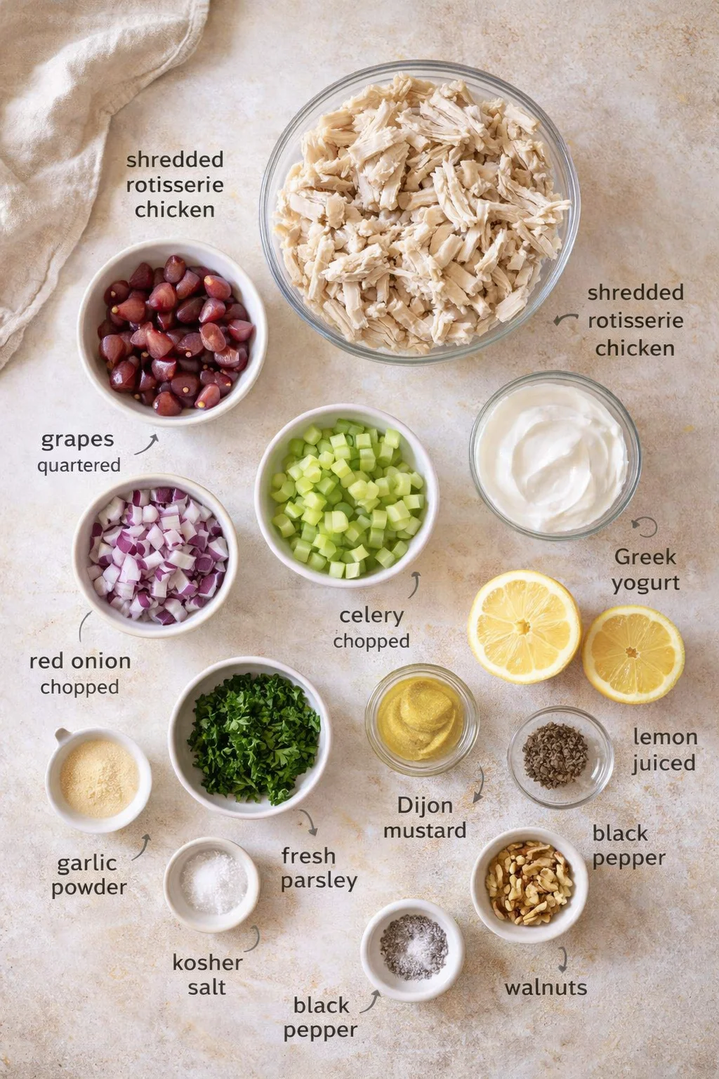 Measured ingredients arranged for Healthy Chicken Salad Recipe (No Mayo, Easy to Make): 2 cups shredded chicken (280g), I use store-bought rotisserie chicken, 2 stalks celery, chopped (60g), about ½ cup chopped, ¼ cup re