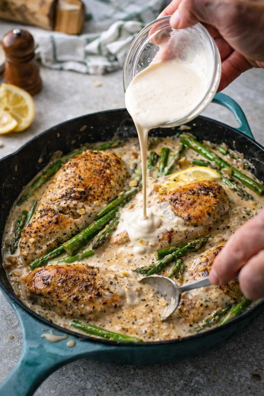 Skillet shows sautéing asparagus and onions, garlic stirred, cream and lemon being poured, cooked chicken set aside.