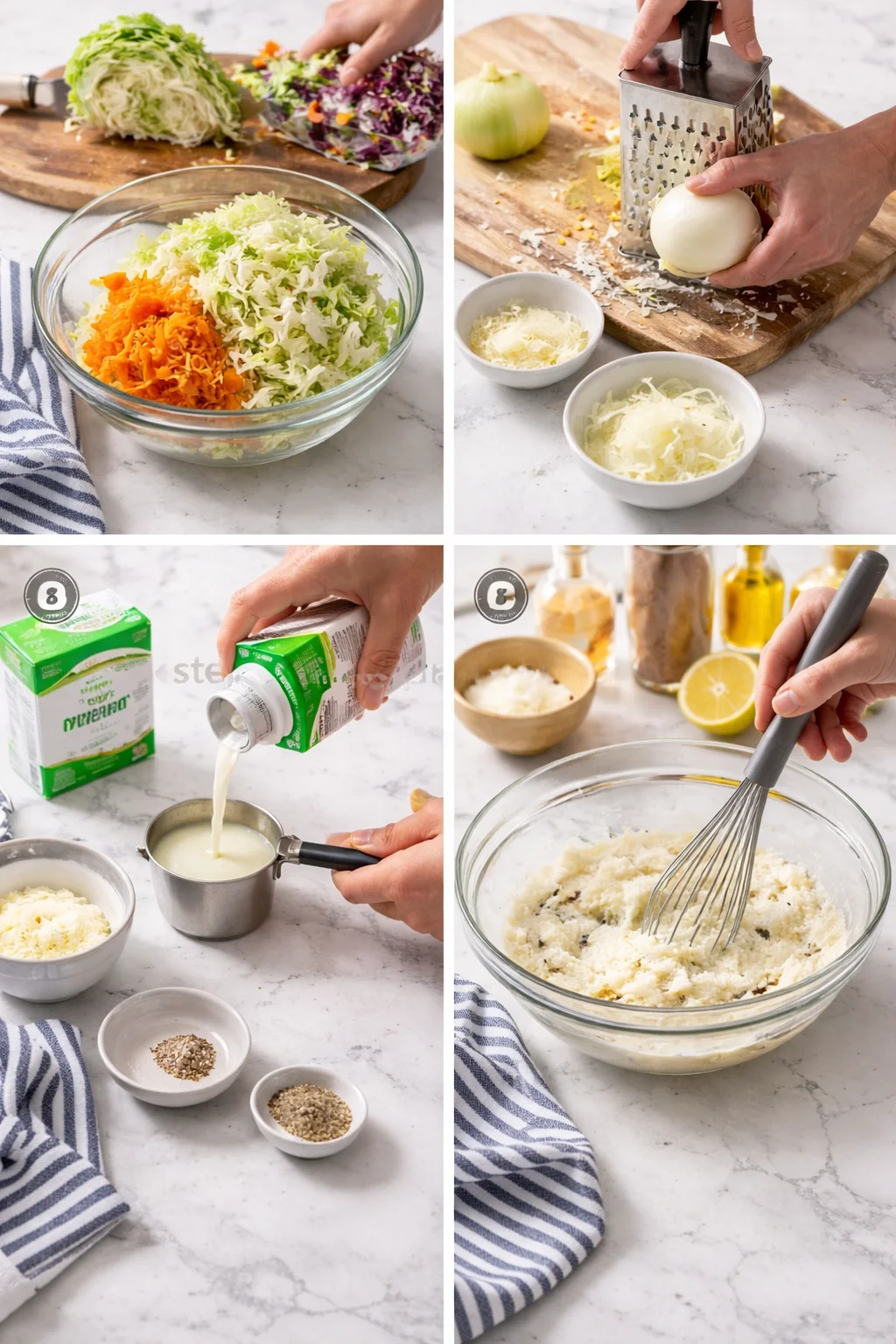 collage of cabbage slaw prep: shredding, grating onion, pouring milk, whisking sauce