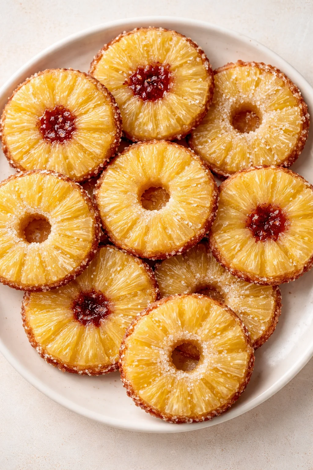 Plate of glossy candied pineapple rings arranged in a circular cluster with sugared rims.