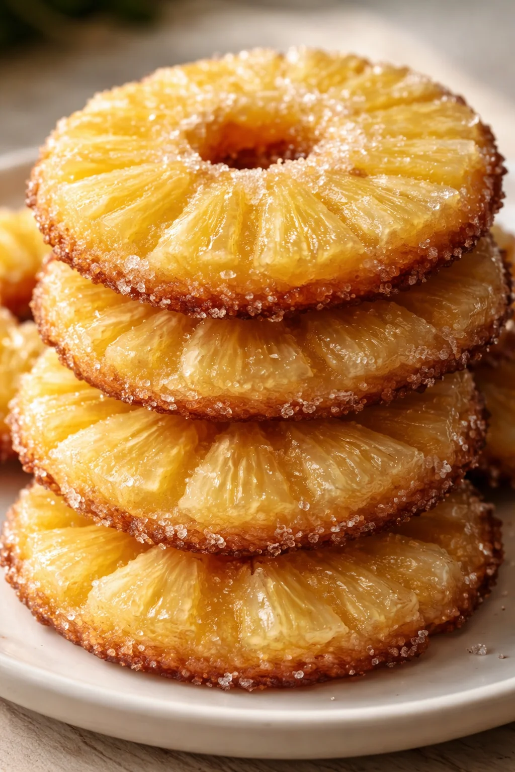 Stack of candied pineapple rings with sugar crystals on a white plate