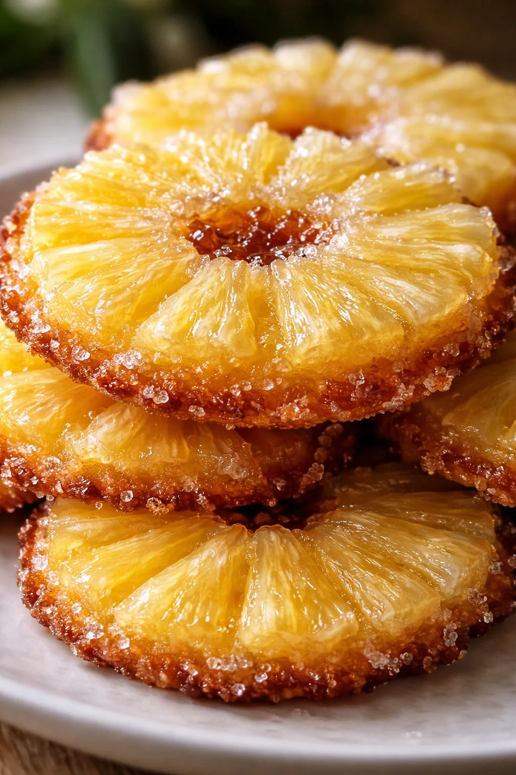 Close-up of glossy candied pineapple rings stacked on a plate.