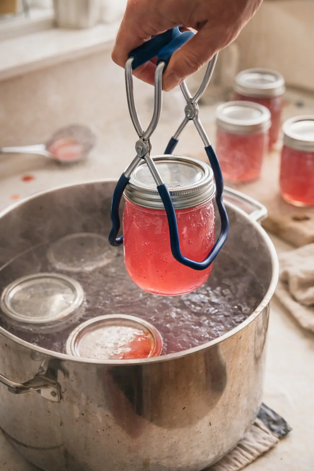 hand uses a metal jar-lifter to remove pink jam jar from boiling water in a stainless pot