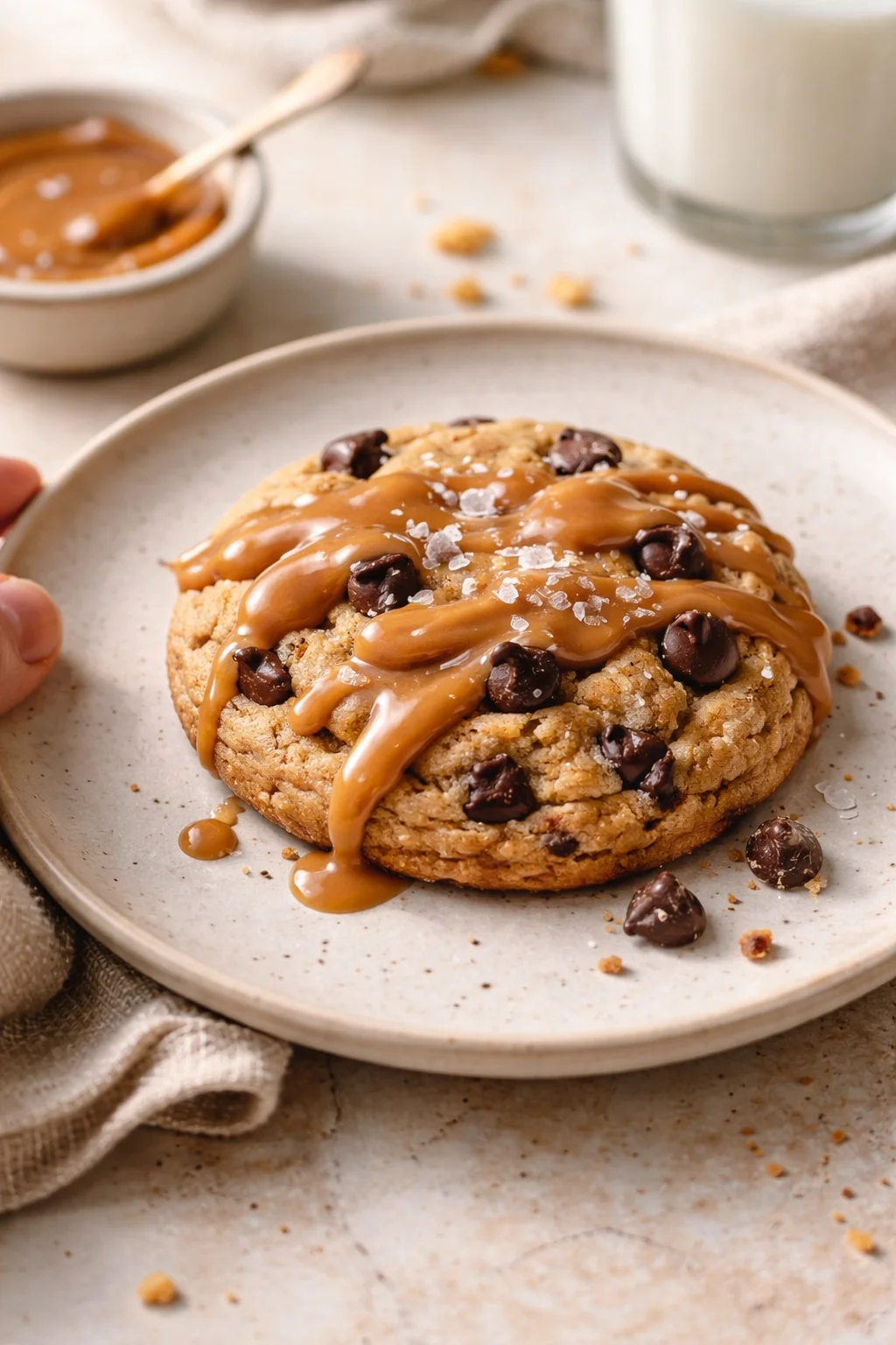 A caramel-drizzled chocolate chip cookie on a speckled plate with sea salt.