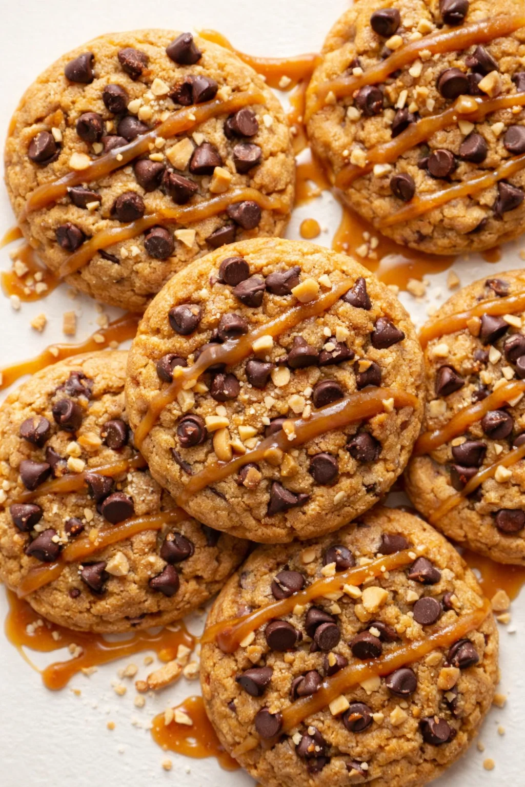group of round caramel-drizzled cookies topped with chocolate chips and chopped nuts