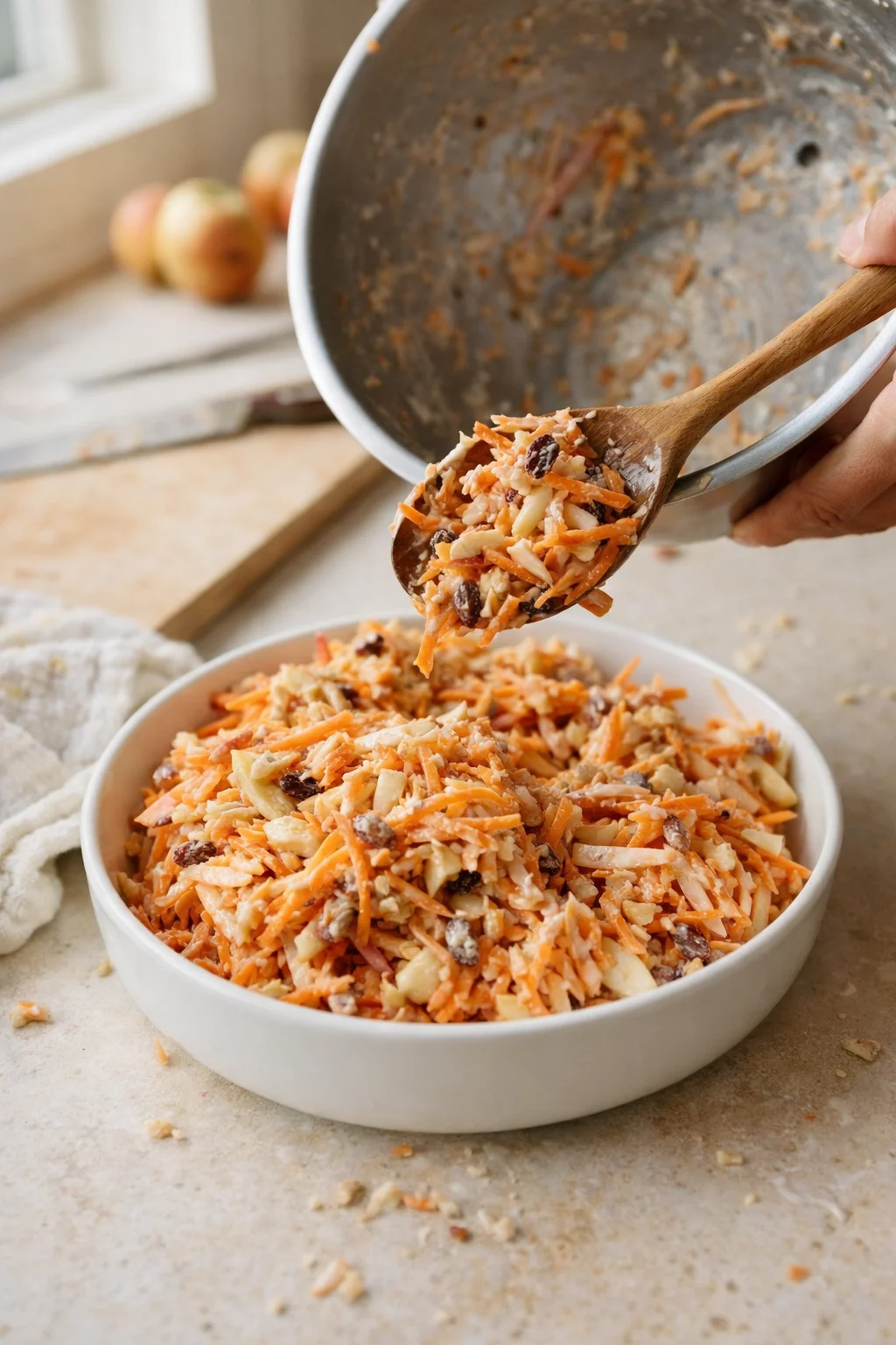 A wooden spoon scoops carrot-apple-raisin slaw from a metal bowl into a white serving dish.