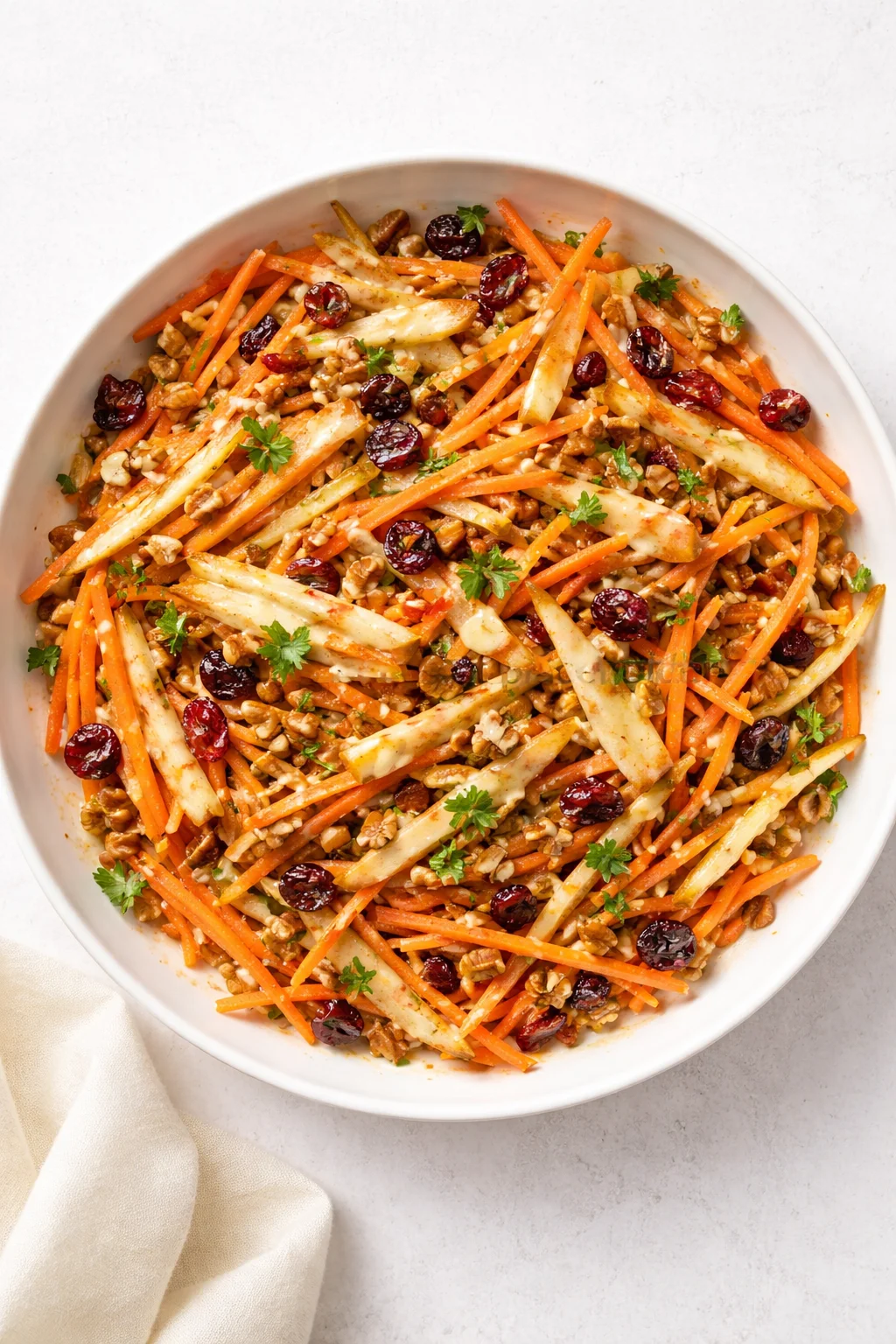 Bowl of carrot slaw with walnuts, dried cranberries, and parsley on a white plate.