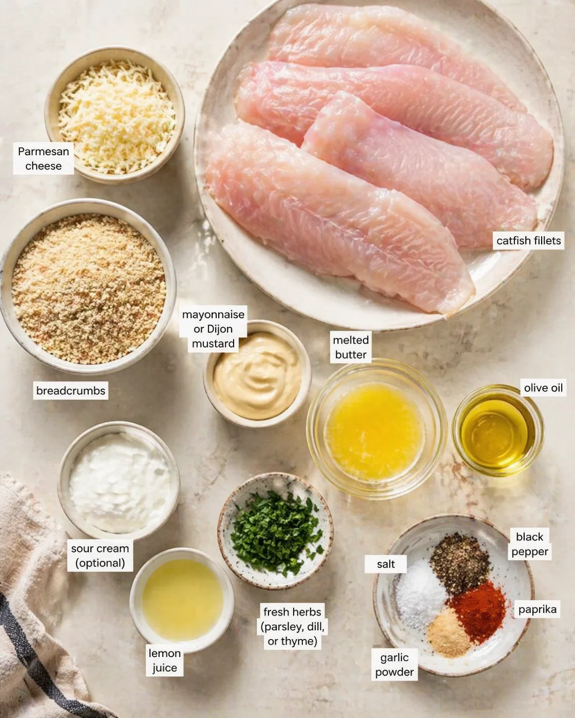 Overhead shot of raw catfish fillets on a plate, surrounded by bowls of breadcrumbs, parmesan, sauces, and herbs.