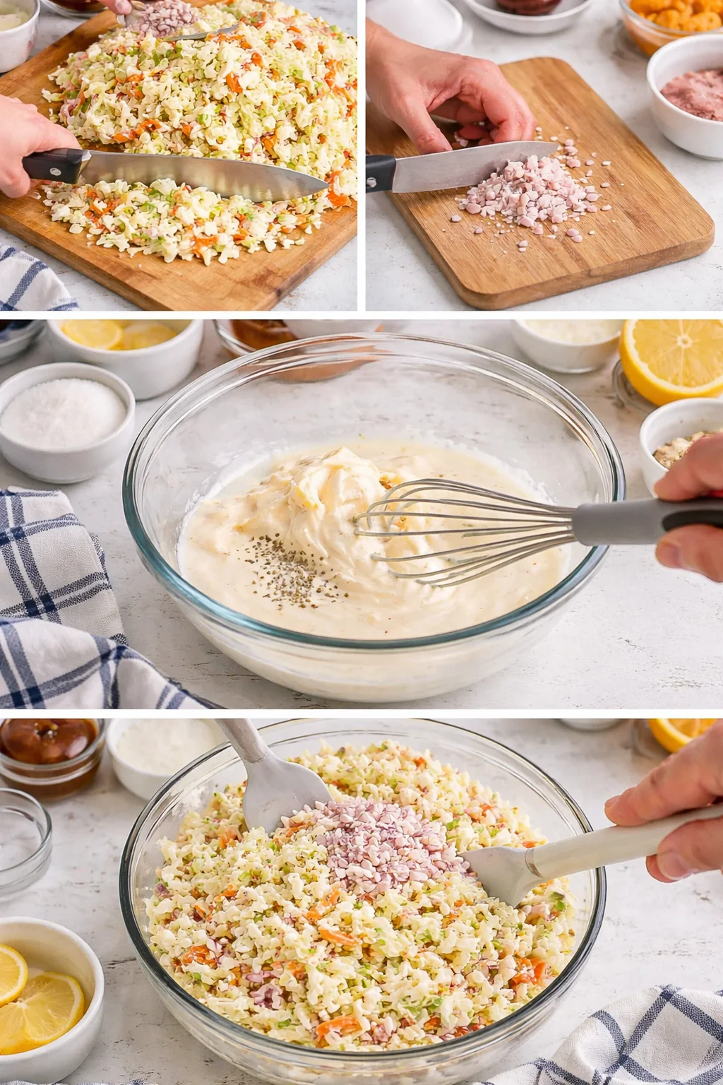 collage: chopping ham and vegetables, whisking dressing, and folding into cauliflower-rice salad