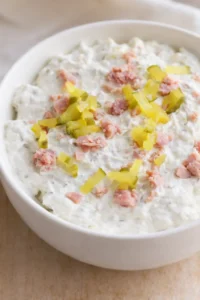 Final plated Easy Ham and Pickle Dip Recipe served as a hero shot