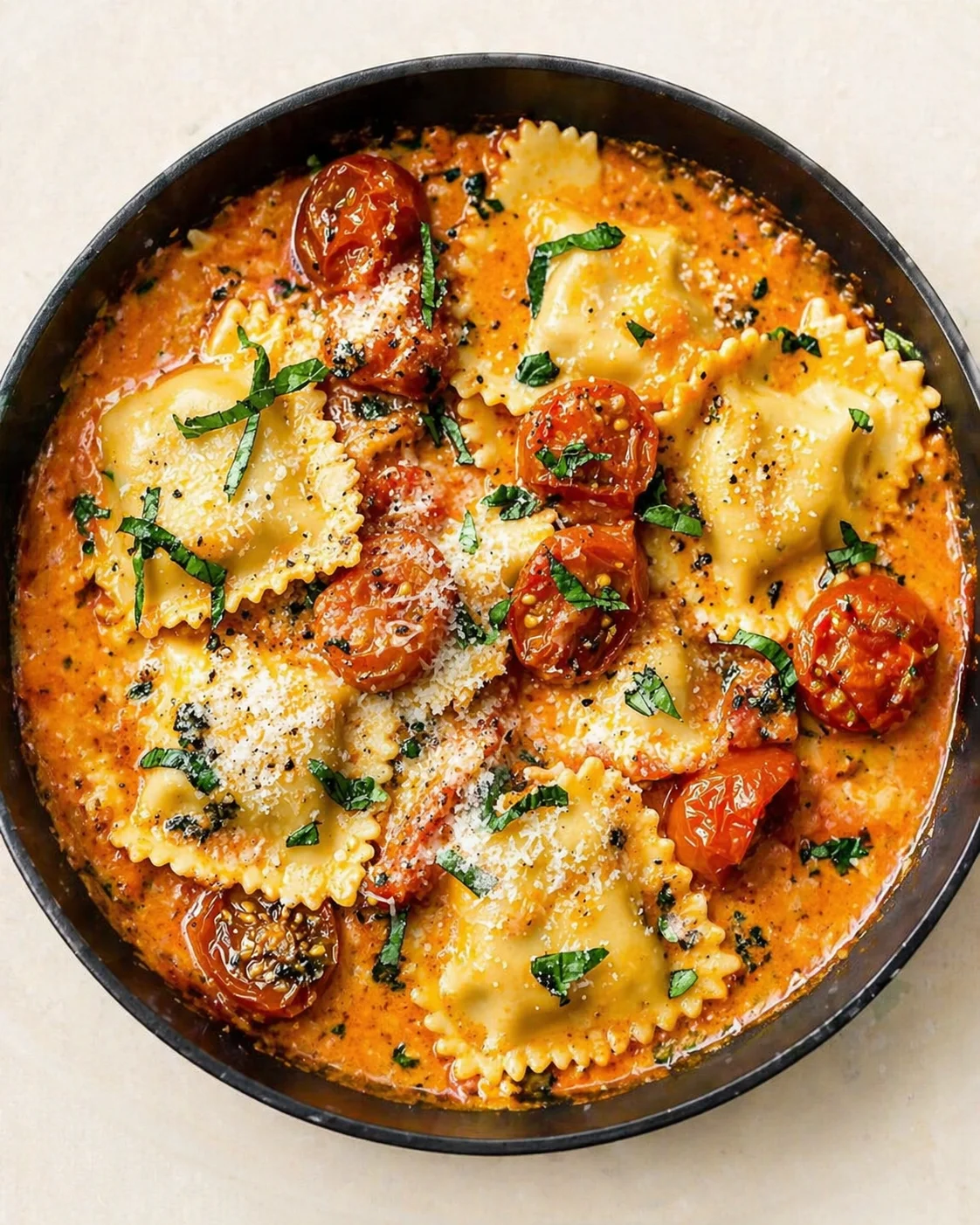 Straight-down overhead view of Ravioli with Creamy Tomato Sauce - Easy Recipes Ideas