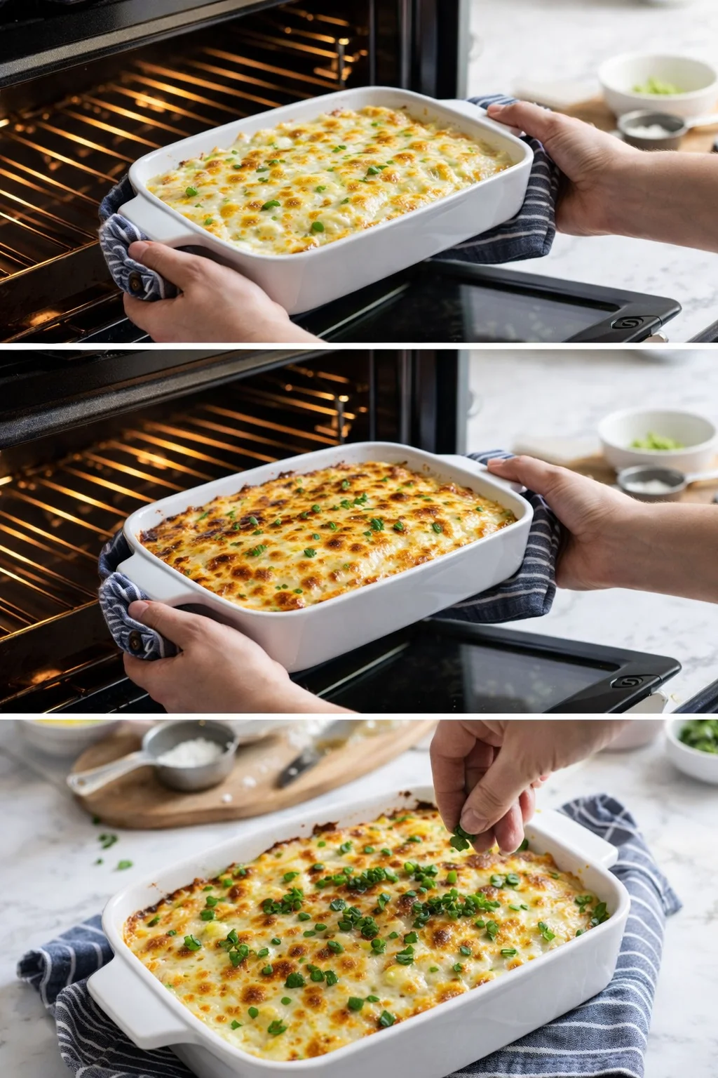Hands hold a white casserole dish ready for the oven, topped with bubbling cheese and fresh herbs.