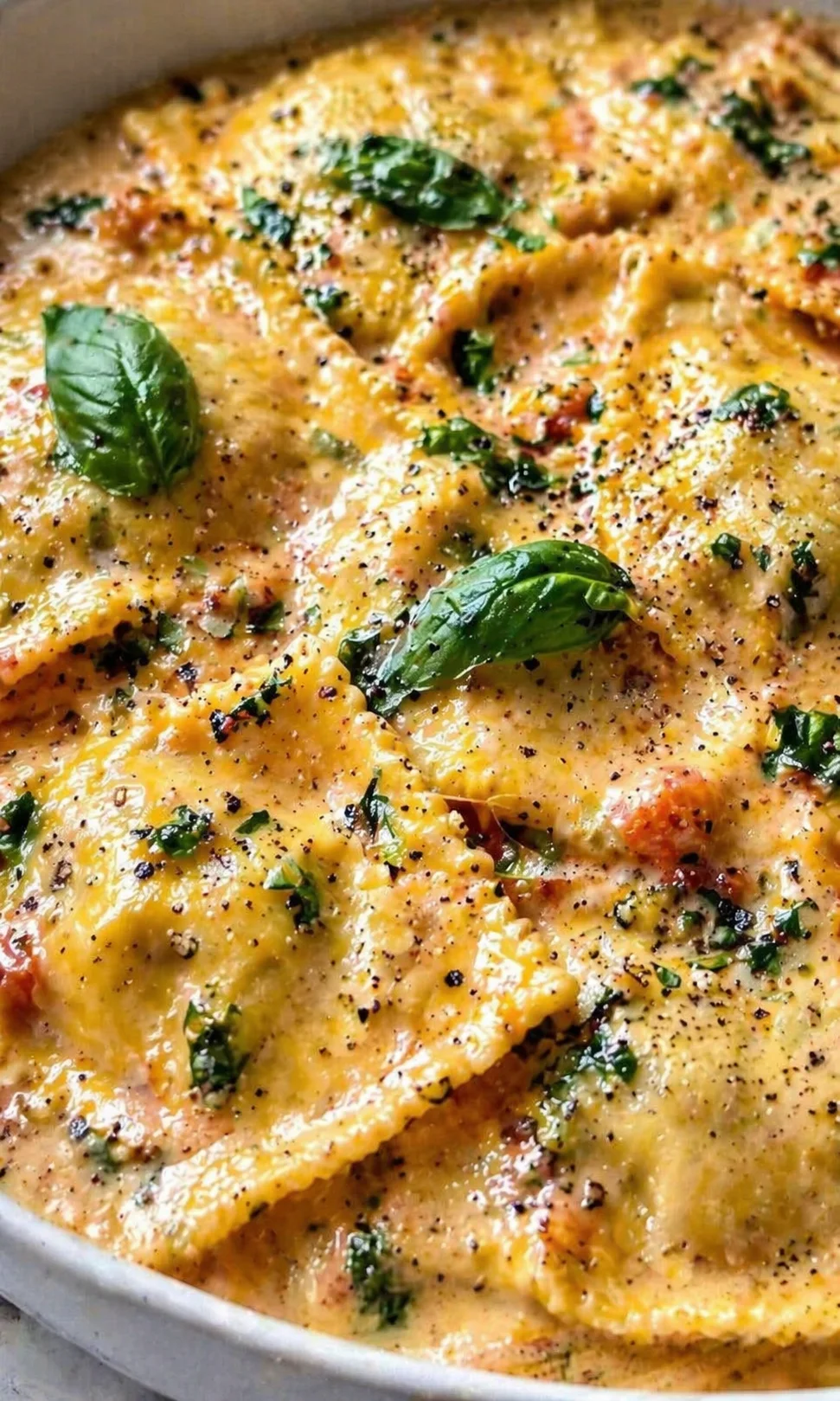 Close-up of golden-brown baked cheesy pasta with basil leaves in a round dish