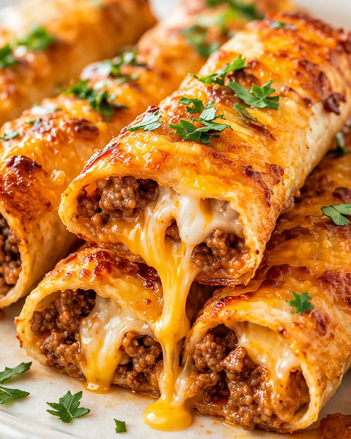 Close-up of golden-brown cheesy beef roll-ups with melted cheese oozing from the center.