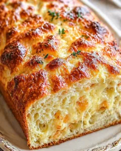 Close-up of golden-brown cheesy pull-apart bread with thyme on a plate.