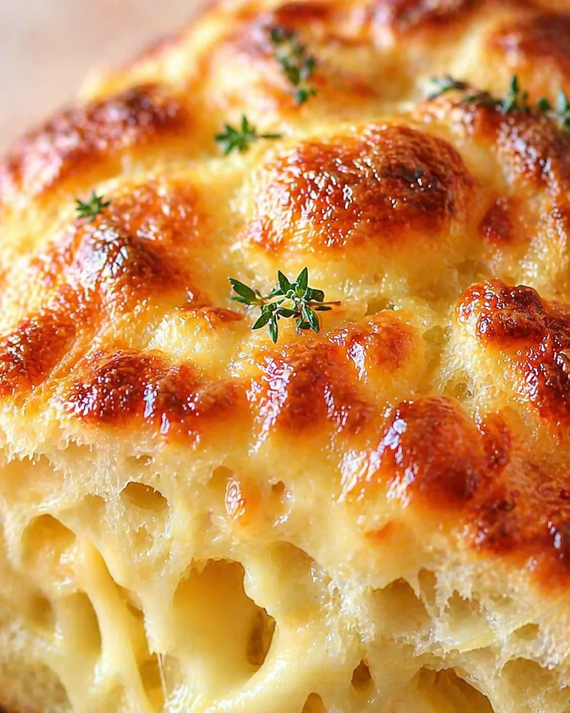 Close-up of golden-brown cheesy pull-apart bread with thyme sprigs.