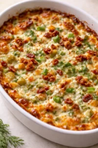 oval white baking dish with a golden cheesy bake topped with sausage, olives, and dill