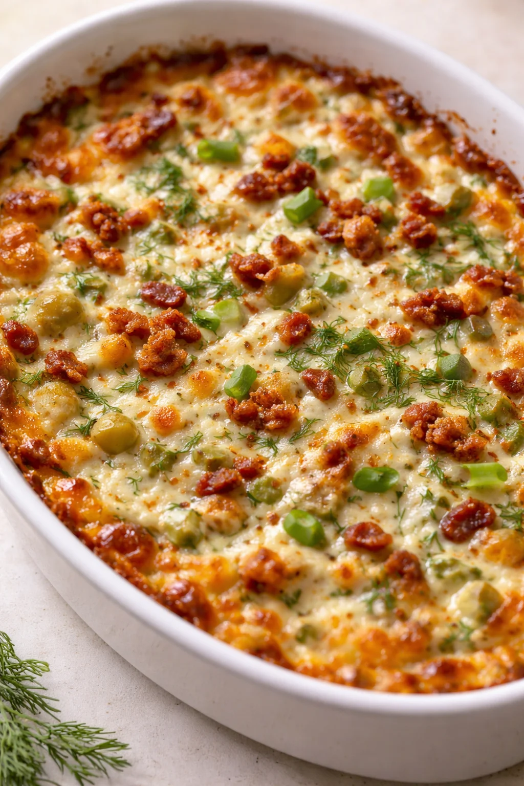 oval white baking dish with a golden cheesy bake topped with sausage, olives, and dill